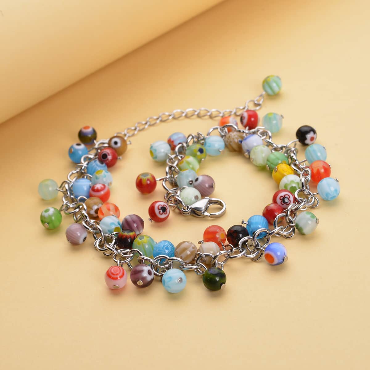 Multi Color Murano Style Millefiori Anklet 9-11 Inches in Stainless Steel image number 1