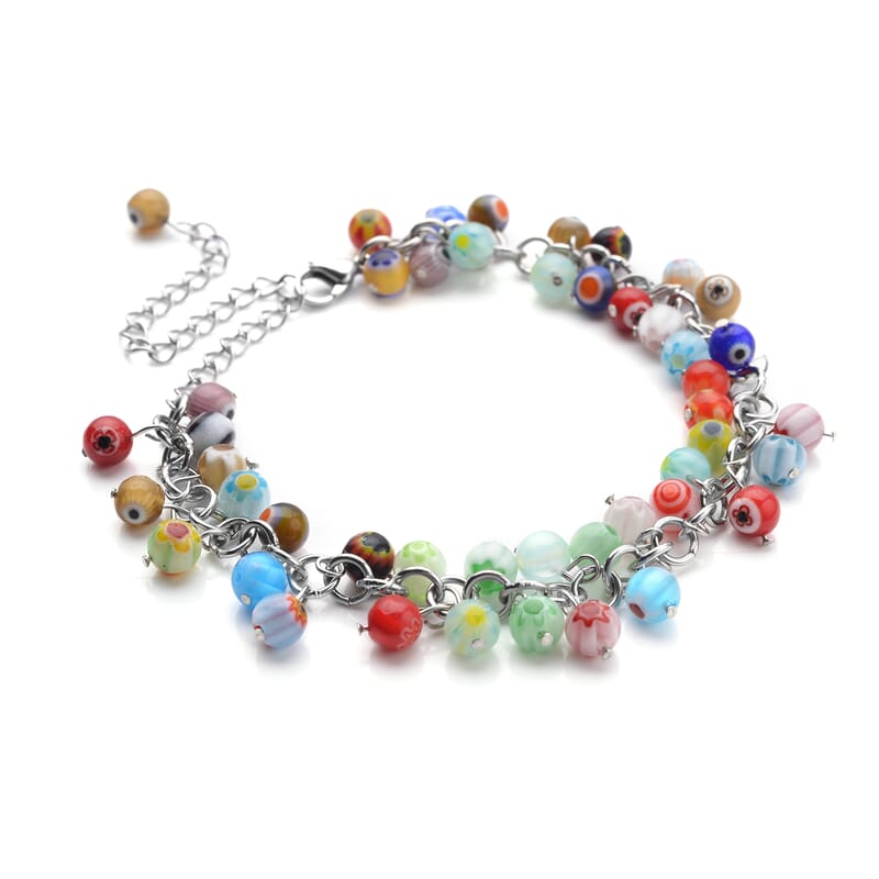 Multi Color Murano Style Millefiori Anklet 9-11 Inches in Stainless Steel
