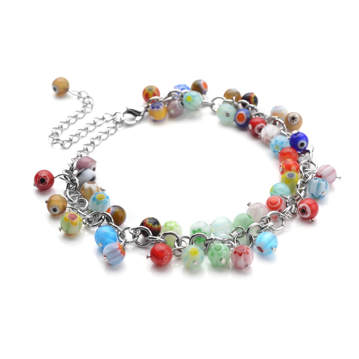 Multi Color Murano Style Millefiori Anklet 9-11 Inches in Stainless Steel image number 2