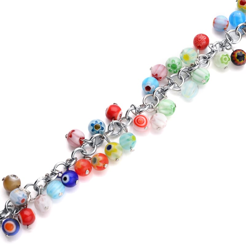 Multi Color Murano Style Millefiori Anklet 9-11 Inches in Stainless Steel