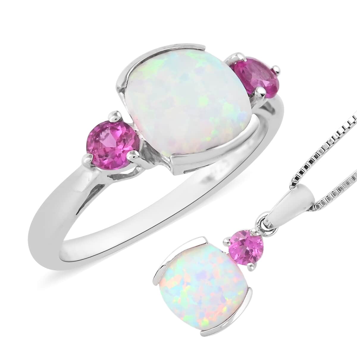 Lab Created Milky Opal and Lab Created Pink Sapphire Ring Size 7 and Pendant Necklace 20 Inches in Sterling Silver image number 0