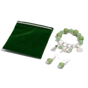 Green Chroma, Austrian Crystal Charm Stretch Bracelet and Earrings in Silvertone and Stainless Steel with Velvet Pouch