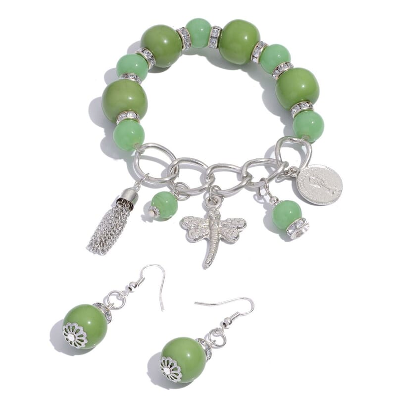 Green Chroma, Austrian Crystal Charm Stretch Bracelet and Earrings in Silvertone and Stainless Steel with Velvet Pouch