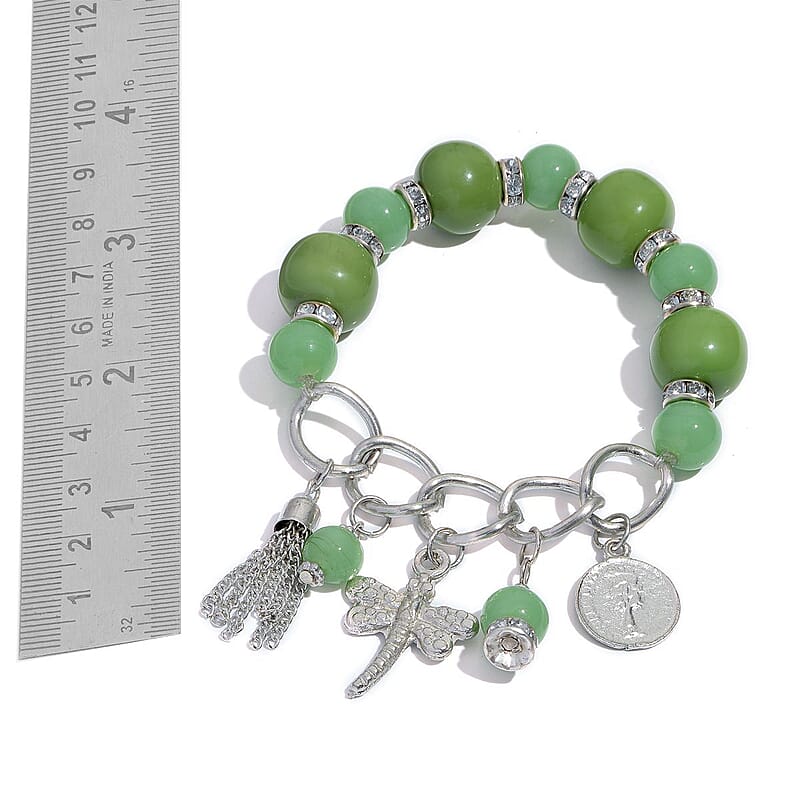 Green Chroma, Austrian Crystal Charm Stretch Bracelet and Earrings in Silvertone and Stainless Steel with Velvet Pouch