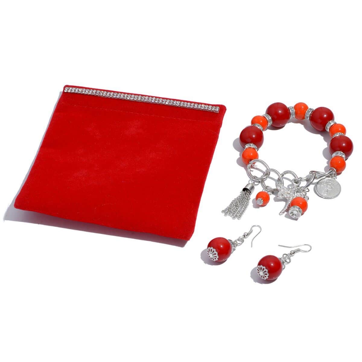 Red and Orange Chroma, Austrian Crystal Charm Stretch Bracelet and Earrings in Silvertone and Stainless Steel with Velvet Pouch image number 0