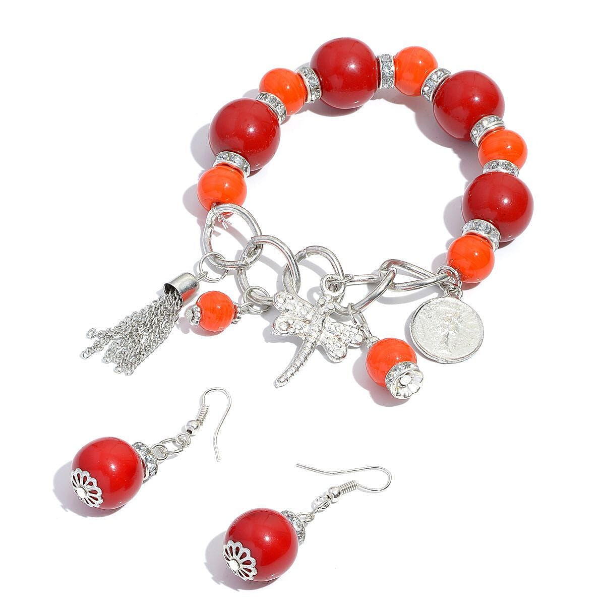 Red and Orange Chroma, Austrian Crystal Charm Stretch Bracelet and Earrings in Silvertone and Stainless Steel with Velvet Pouch