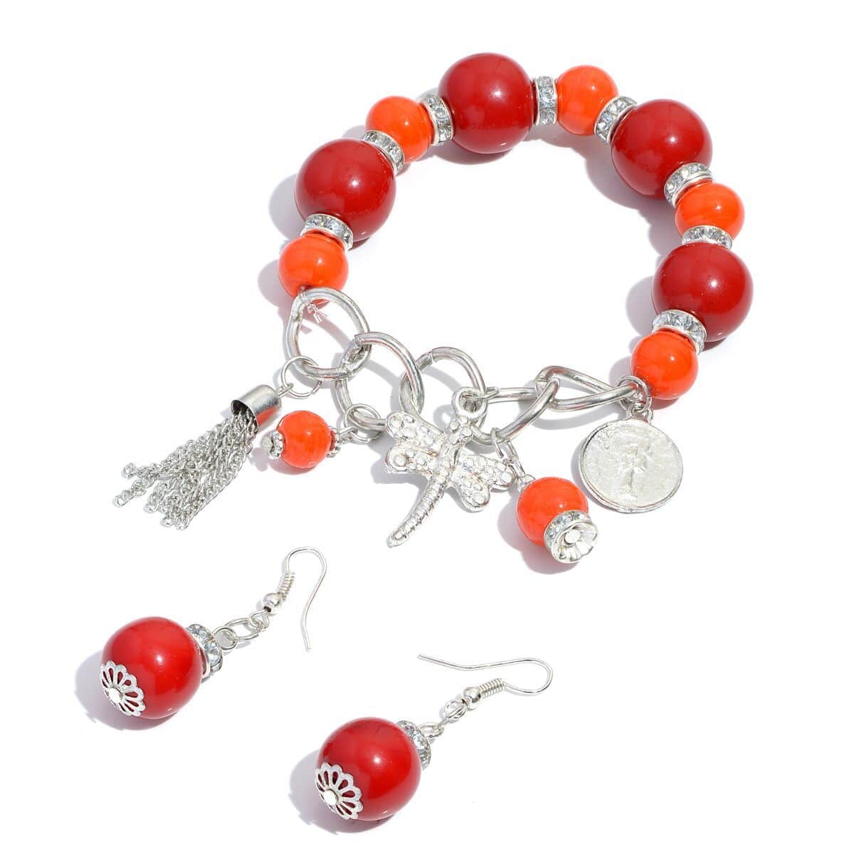 Red and Orange Chroma, Austrian Crystal Charm Stretch Bracelet and Earrings in Silvertone and Stainless Steel with Velvet Pouch image number 1