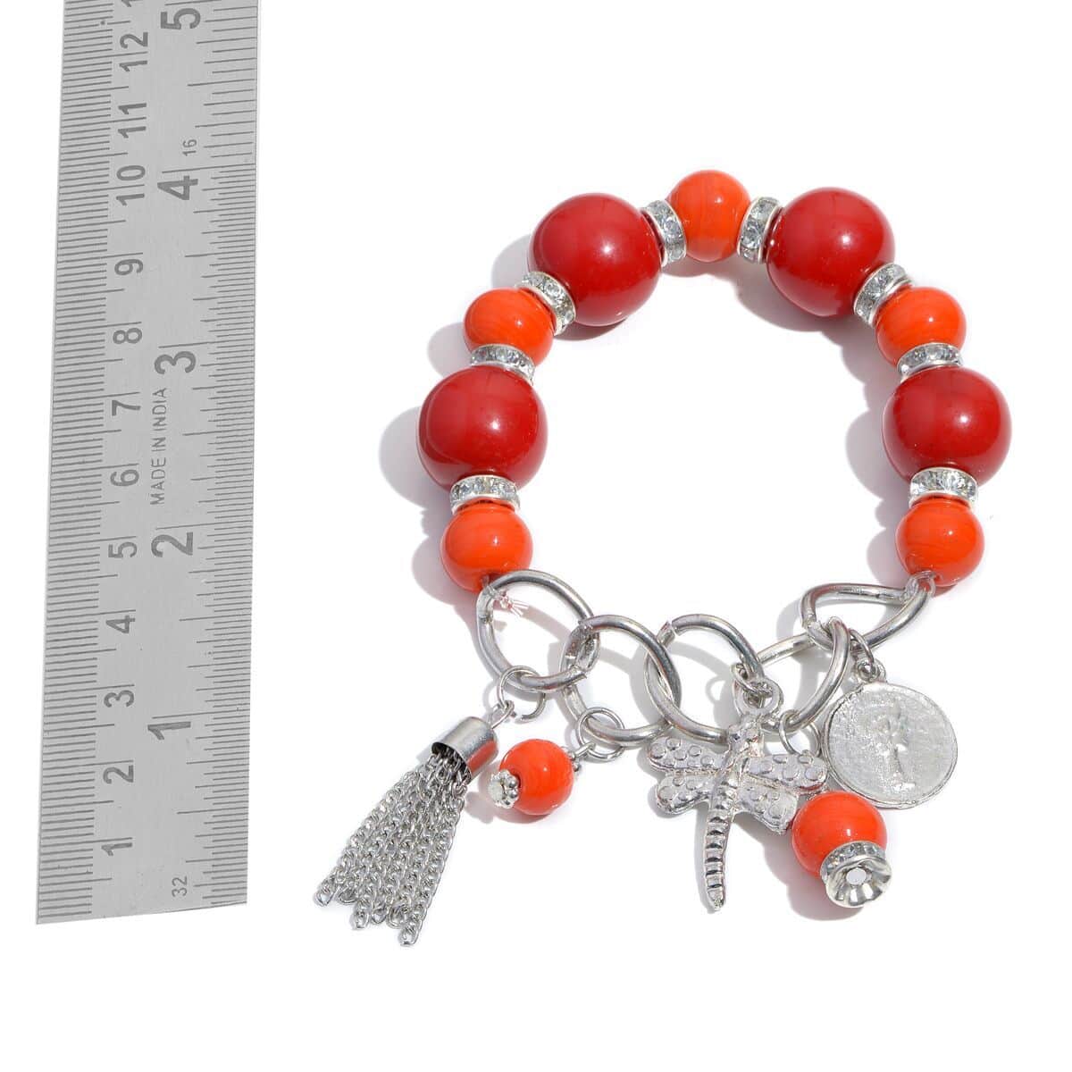 Red and Orange Chroma, Austrian Crystal Charm Stretch Bracelet and Earrings in Silvertone and Stainless Steel with Velvet Pouch image number 2