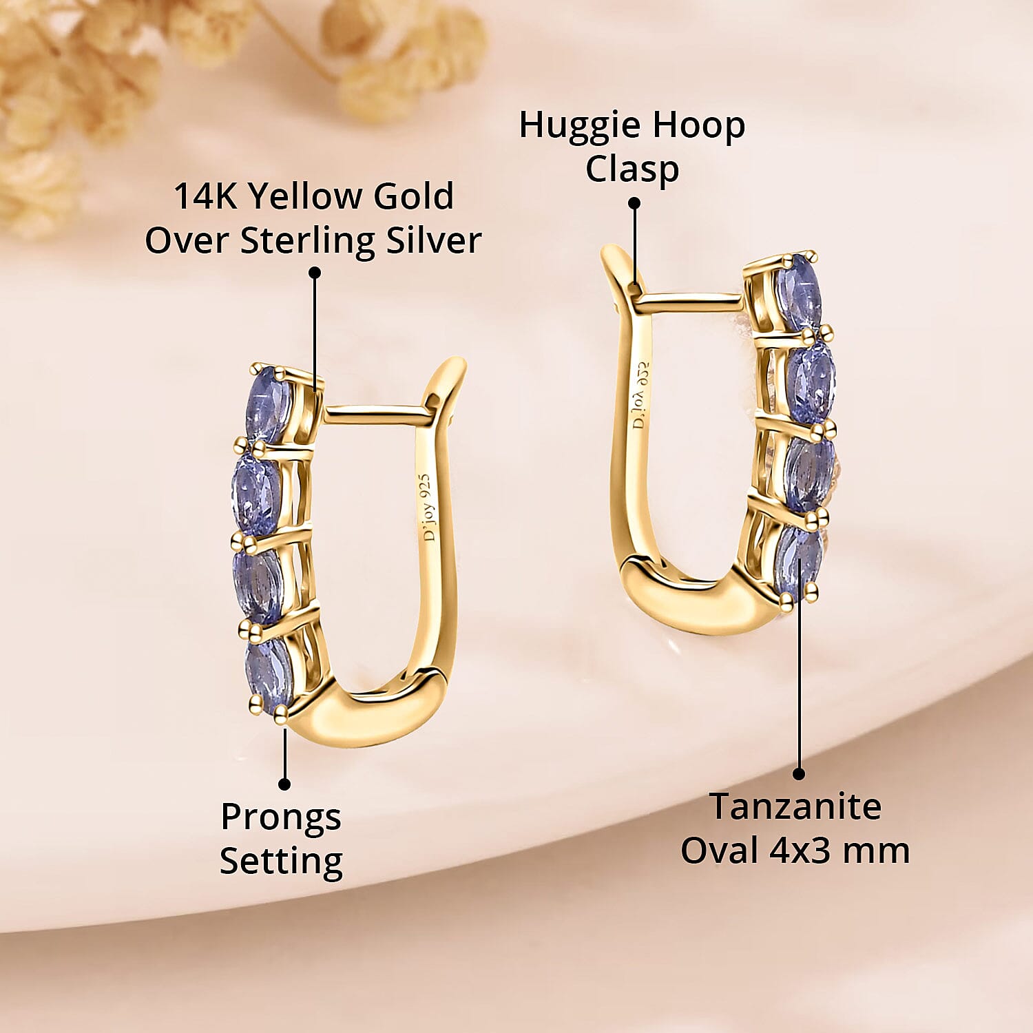 D'Joy Tanzanite 1.15 ctw Huggie Hoop Earrings in 14K YG Over Sterling Silver