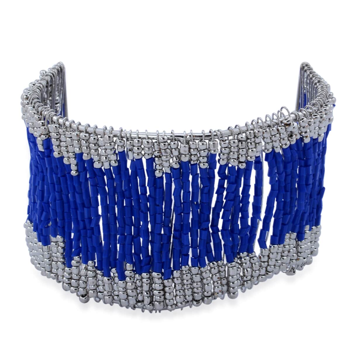 Blue and Silver Glass Cuff Bracelet in Silvertone (7.5 in) image number 0