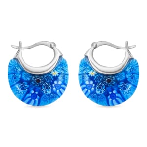 Blue Murano Style Crescent Moon Shape Earrings in Stainless Steel