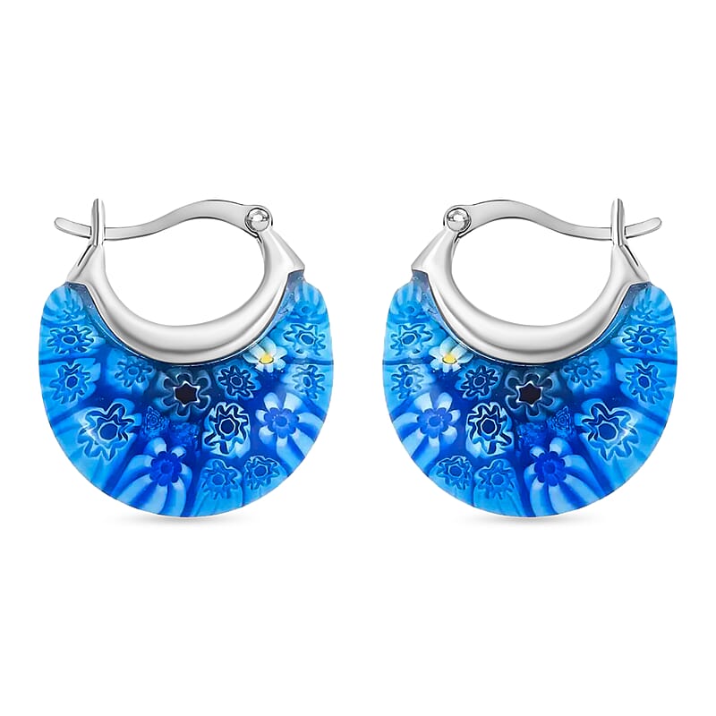 Blue Murano Style Crescent Moon Shape Earrings in Stainless Steel