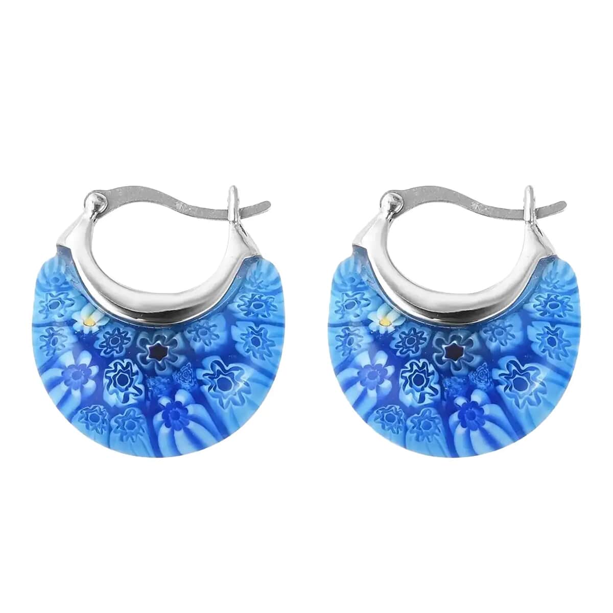 Blue Murano Style Basket Hoop Earrings in Stainless Steel image number 0