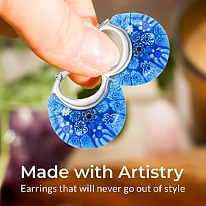 Blue Murano Style Crescent Moon Shape Earrings in Stainless Steel