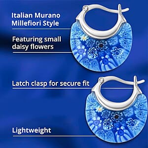 Blue Murano Style Crescent Moon Shape Earrings in Stainless Steel