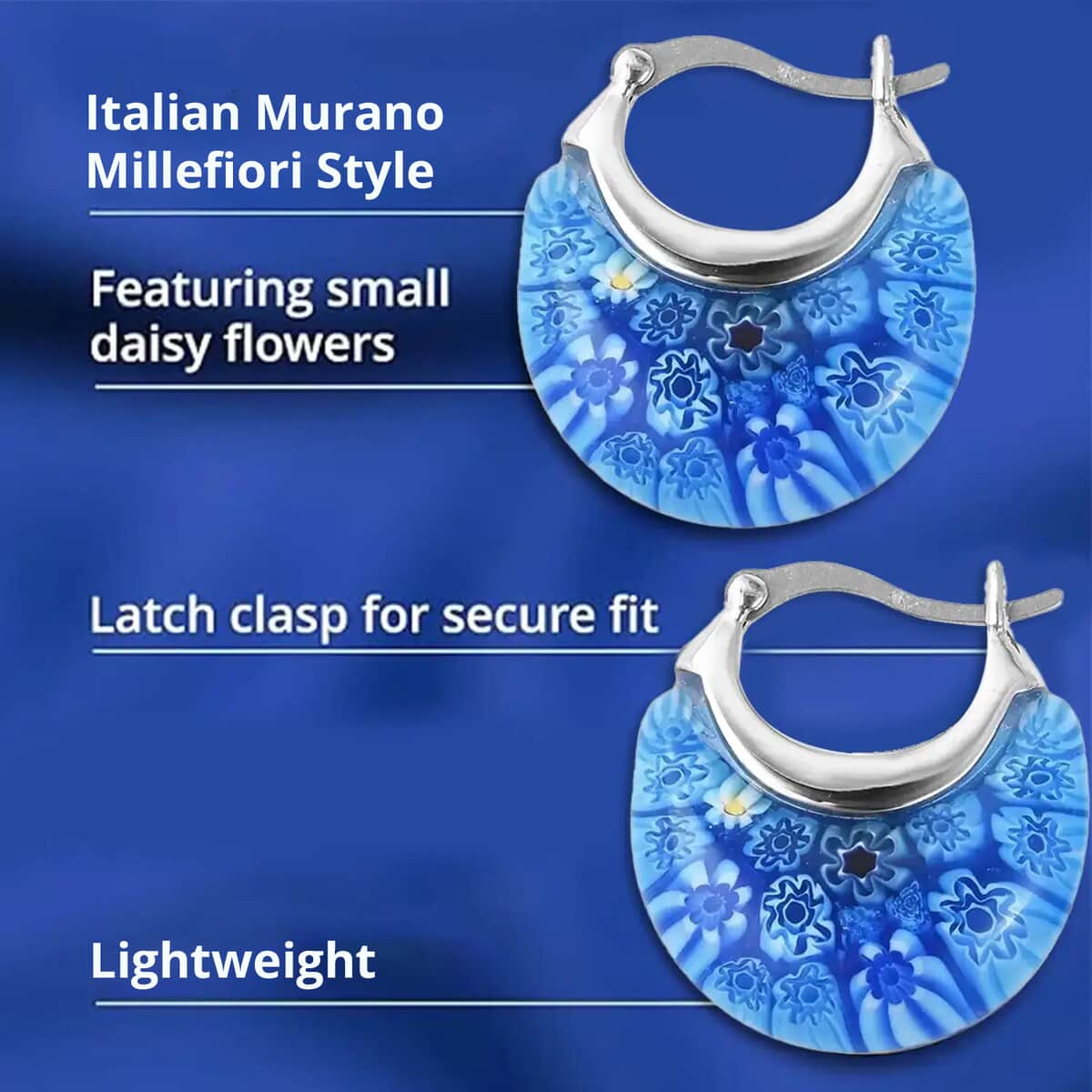Blue Murano Style Basket Hoop Earrings in Stainless Steel image number 2