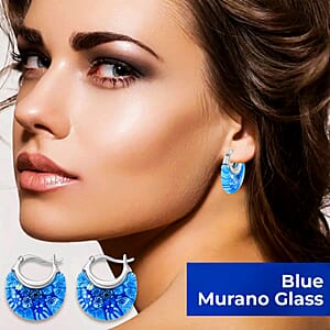 Blue Murano Style Crescent Moon Shape Earrings in Stainless Steel