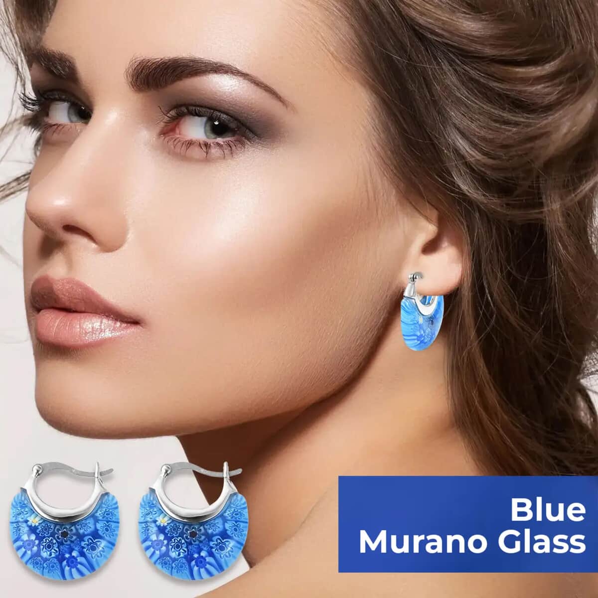 Blue Murano Style Basket Hoop Earrings in Stainless Steel image number 3