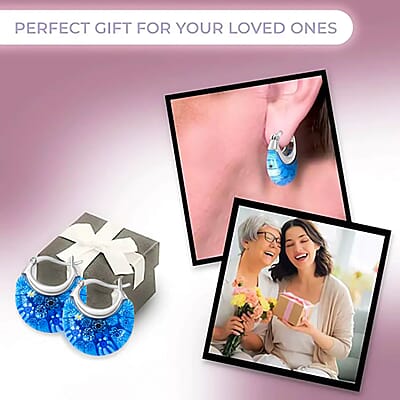 Blue Murano Style Crescent Moon Shape Earrings in Stainless Steel