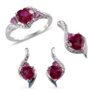 Synthetic Ruby and Multi Gemstone Earrings, Pendant, Ring Size 7 in Sterling Silver