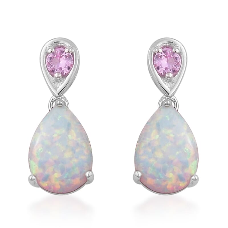 Lab Created White Opal and Lab Created Pink Sapphire Earrings in Sterling Silver