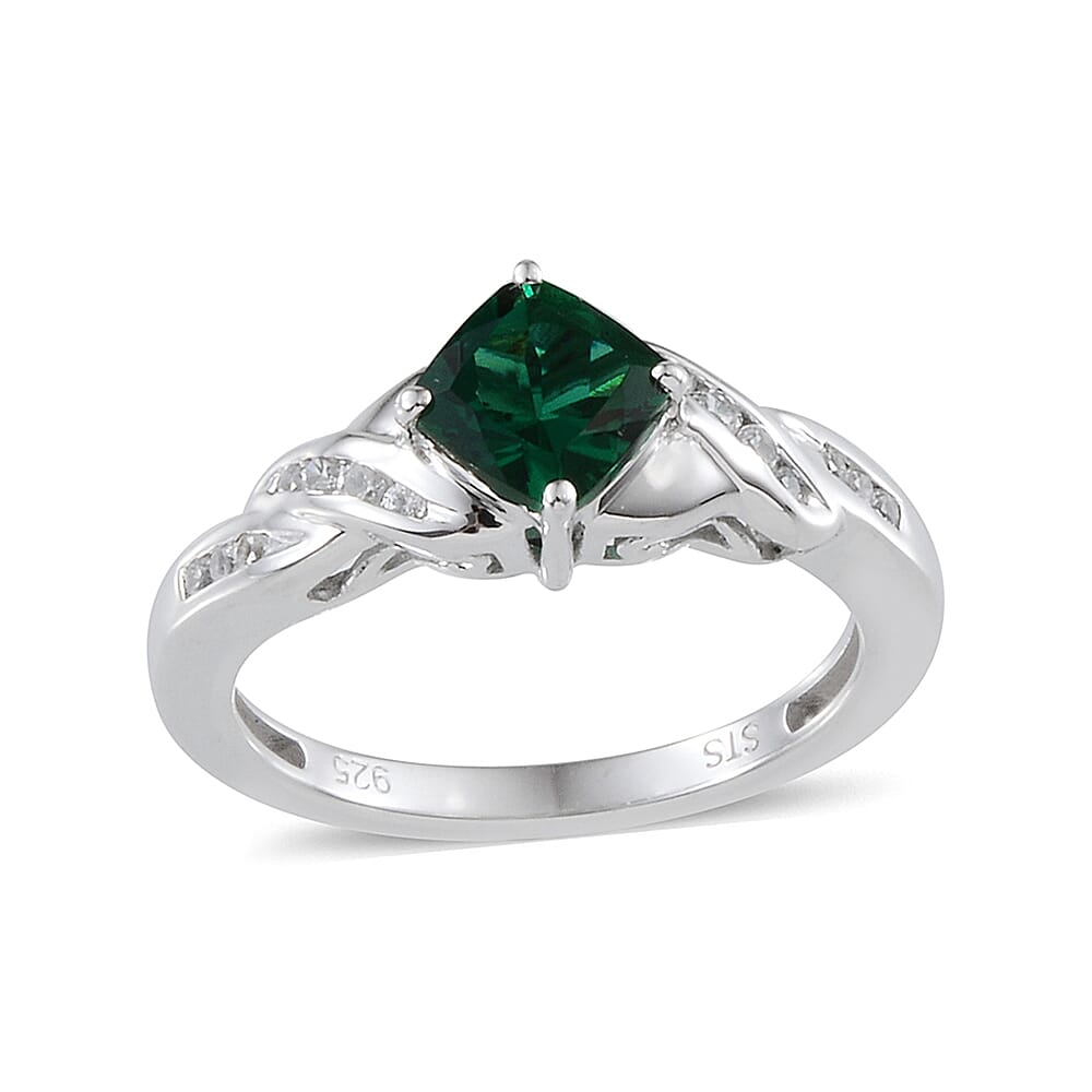 Created Emerald, Created White Sapphire Sterling Silver Ring (Size 7) TGW 2.202 Cts. TGW 2.20 Cts.