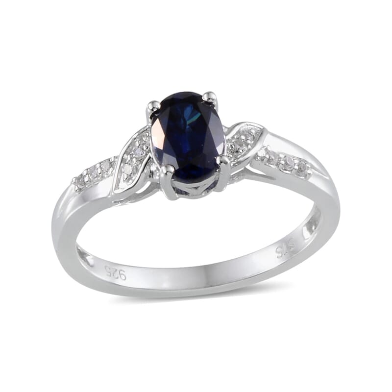 Created Blue Sapphire, Created White Sapphire Sterling Silver Ring (Size 7) TGW 7.785 Cts. TGW 7.79 Cts.
