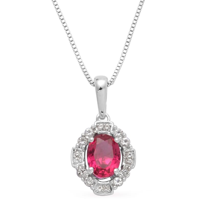 Lab Created Ruby and White Topaz Pendant Necklace 18 Inch in Sterling Silver