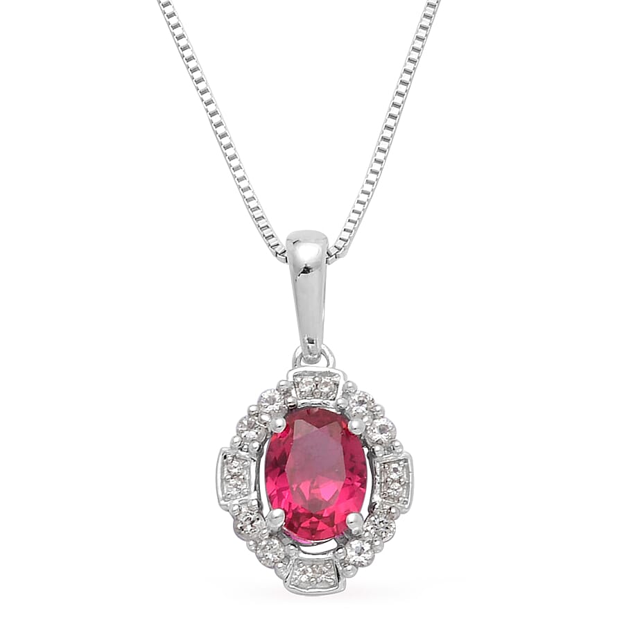 Lab Created Ruby and White Topaz Pendant Necklace 18 Inch in Sterling Silver