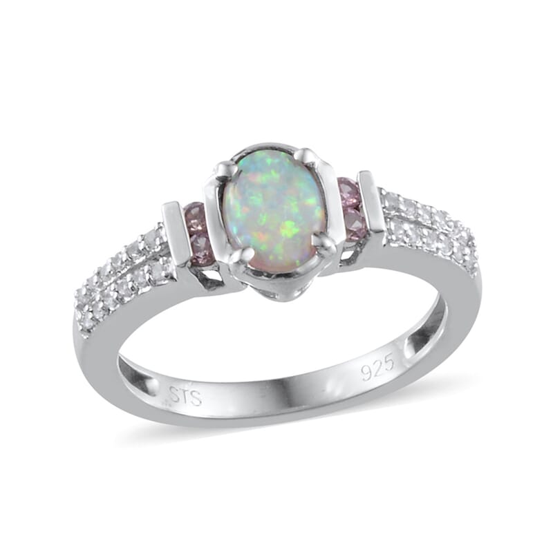 Created Milky Opal, Multi Gemstone Sterling Silver Ring (Size 7) TGW 0.531 Cts. TGW 0.53 Cts.