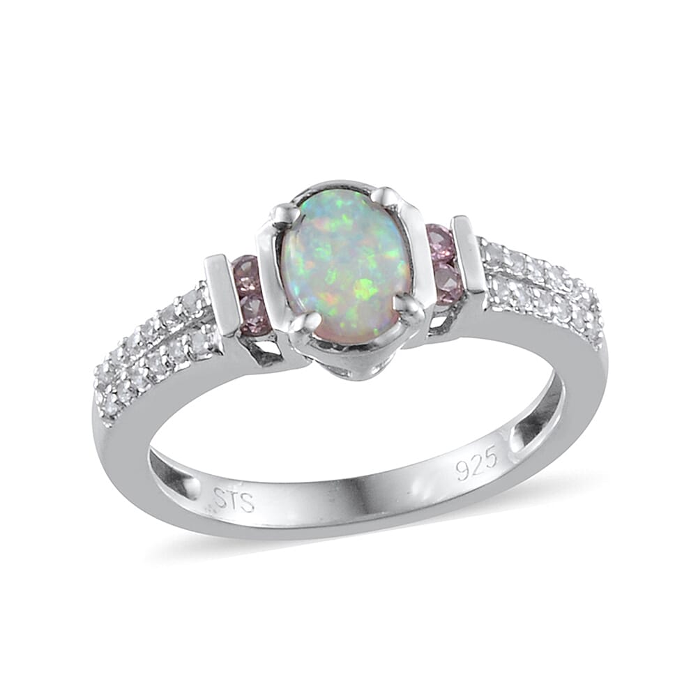 Created Milky Opal, Multi Gemstone Sterling Silver Ring (Size 7) TGW 0.531 Cts. TGW 0.53 Cts.