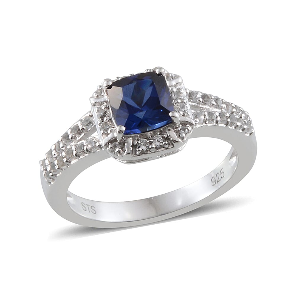 Created Blue Sapphire, White Topaz Sterling Silver Ring (Size 7) TGW 1.149 Cts. TGW 1.15 Cts.