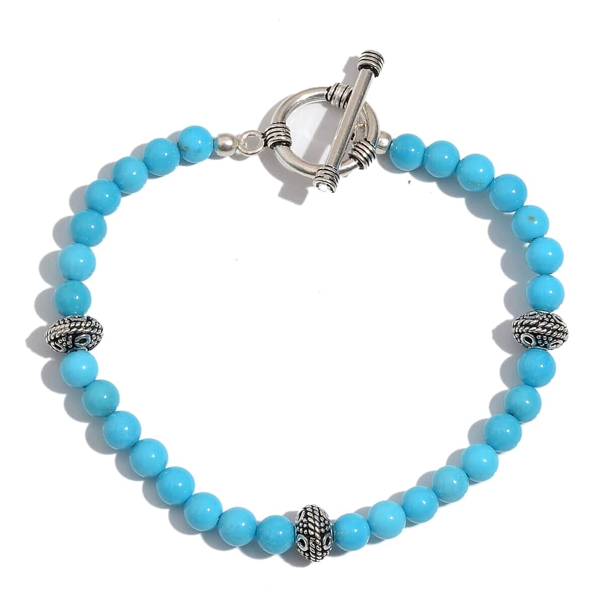AMERICAN Natural Sleeping Beauty Turquoise Beaded Bracelet in Platinum Over Sterling Silver (7.50 In) 23.99 ctw