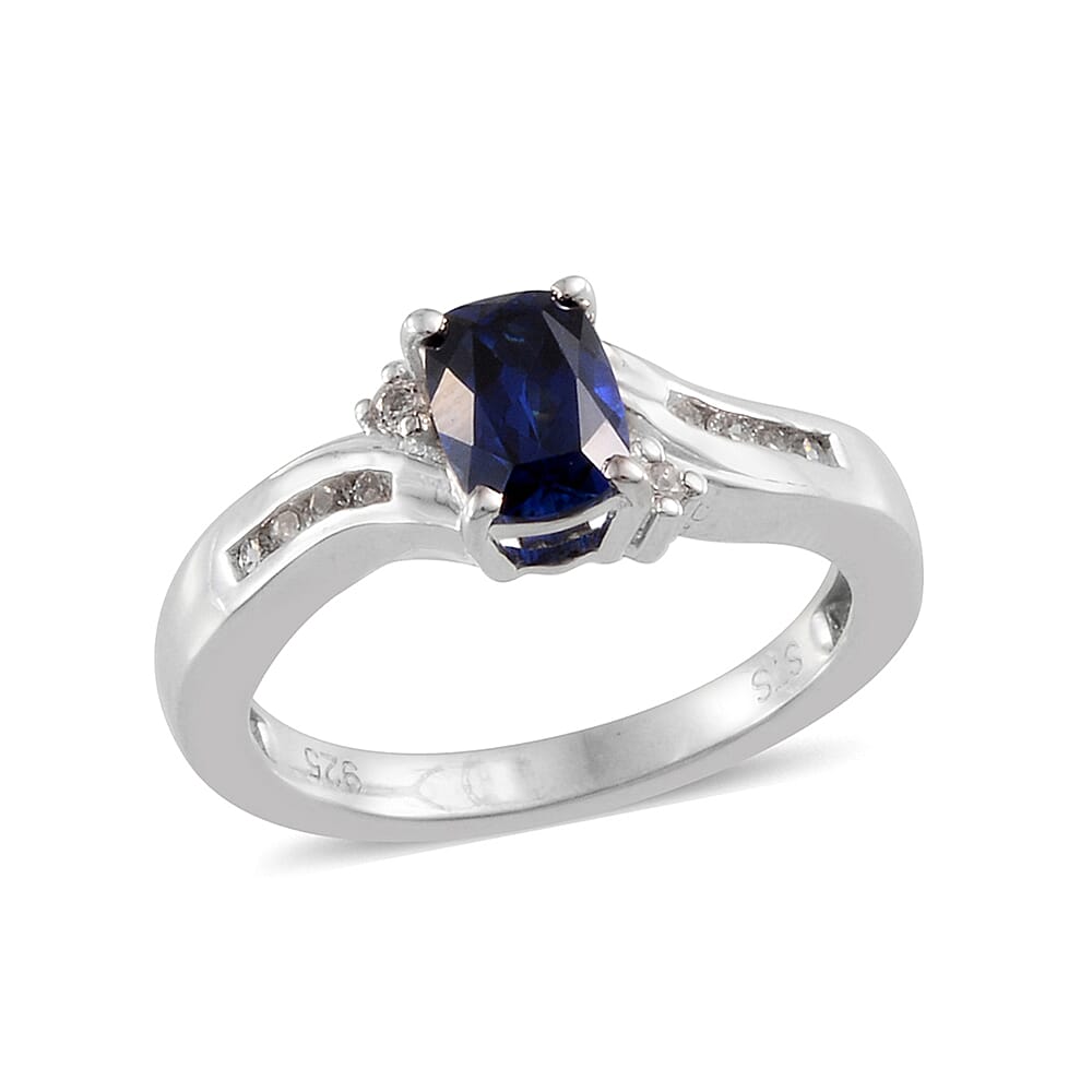 Created Blue Sapphire and White Topaz Ring in Sterling Silver (Size 7)