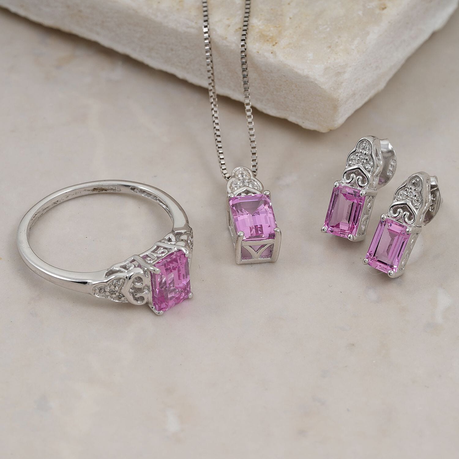 Lab Created Pink and White Sapphire Earrings, Ring Size 7 and Pendant in Sterling Silver