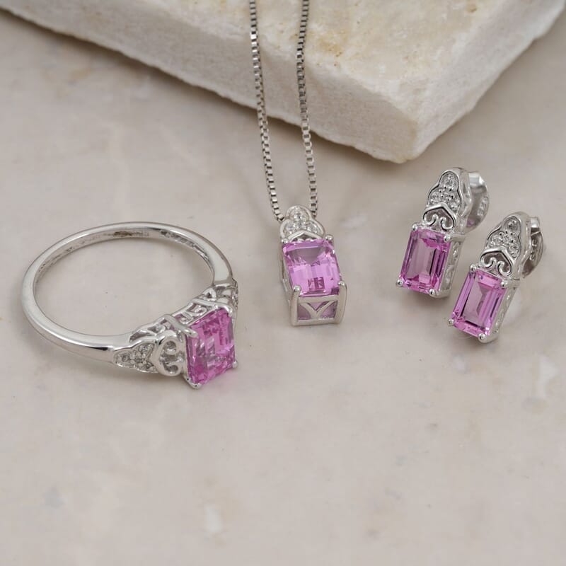Lab Created Pink and White Sapphire Earrings, Ring Size 7 and Pendant in Sterling Silver