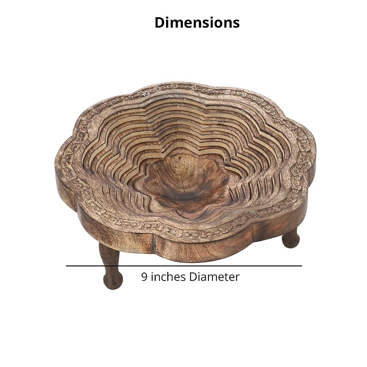 Flower Shape Hand Carved Mango Wood Spring Tray with Small Legs | Small Wooden Serving Tray for Party | Fruit or Dry Fruit Tray image number 3