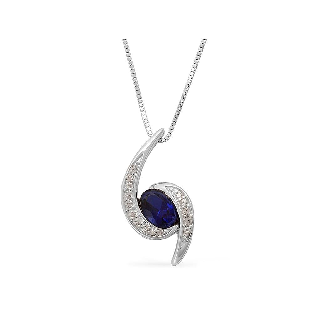 Lab Created Blue Sapphire and Lab Created White Sapphire Pendant Necklace (18 in) in Sterling Silver
