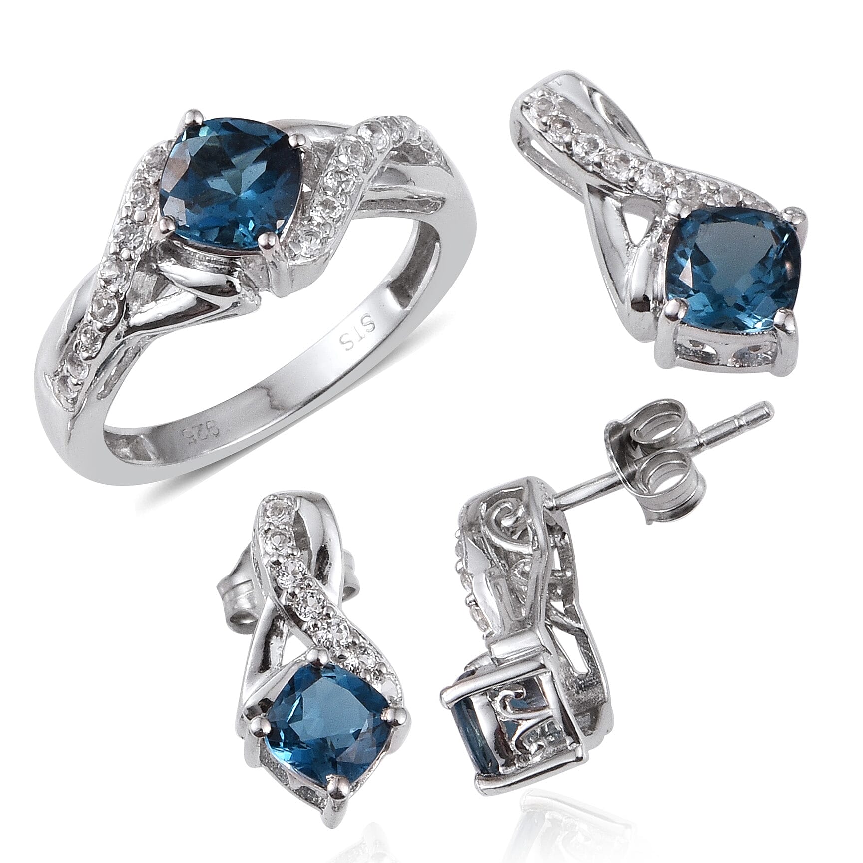 London Blue Topaz and White Topaz Earrings, Ring Size 7 and Pendant in Sterling Silver 4.75 ctw