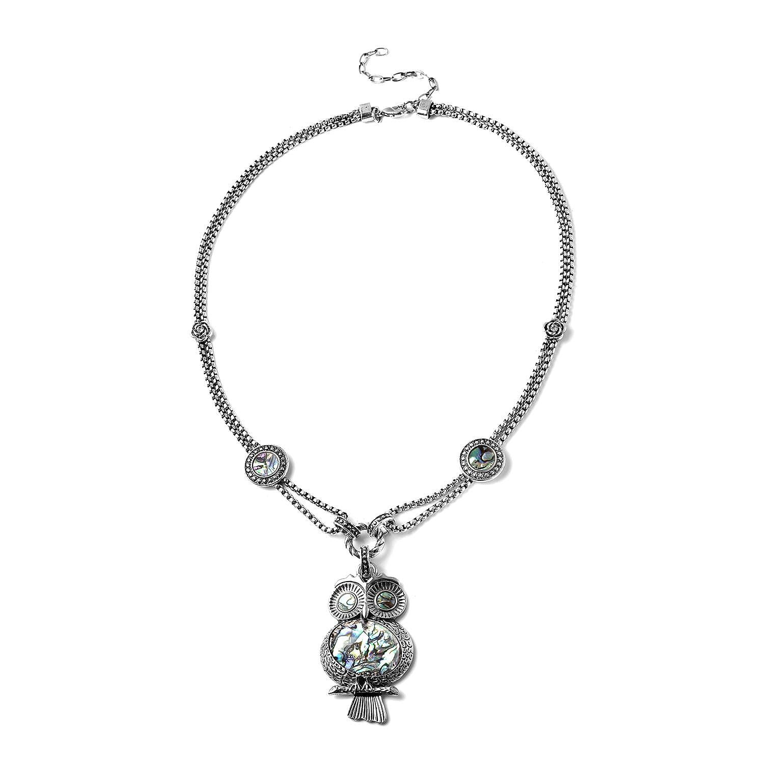 Abalone Shell Owl Necklace In Silvertone, Owl Pendant Necklace For Women, Abalone Shell Jewelry For Women
