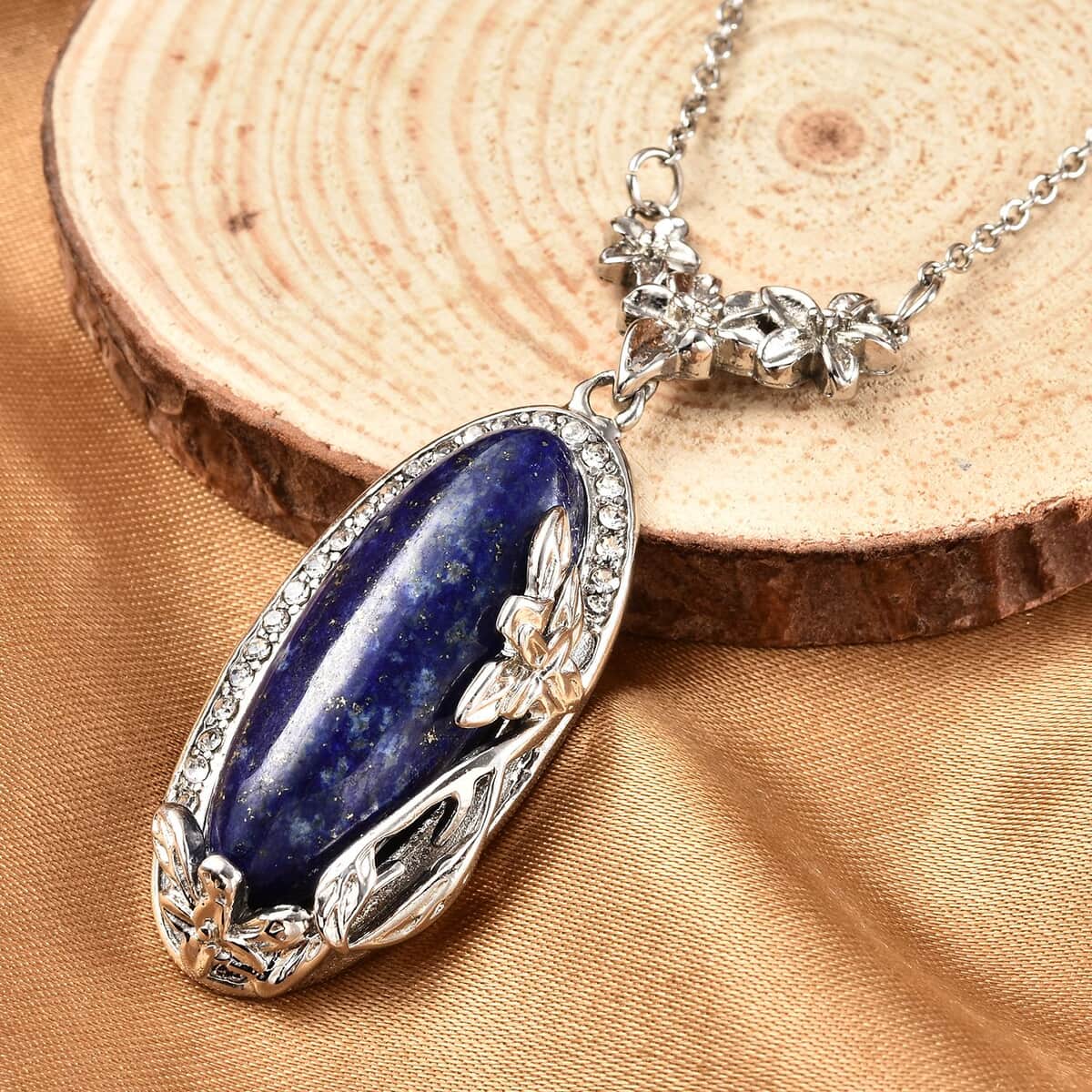Lapis Lazuli Necklace in Stainless Steel, Austrian Crystal Necklace, Flower Jewelry For Women (20 Inches)  16.50 ctw image number 1