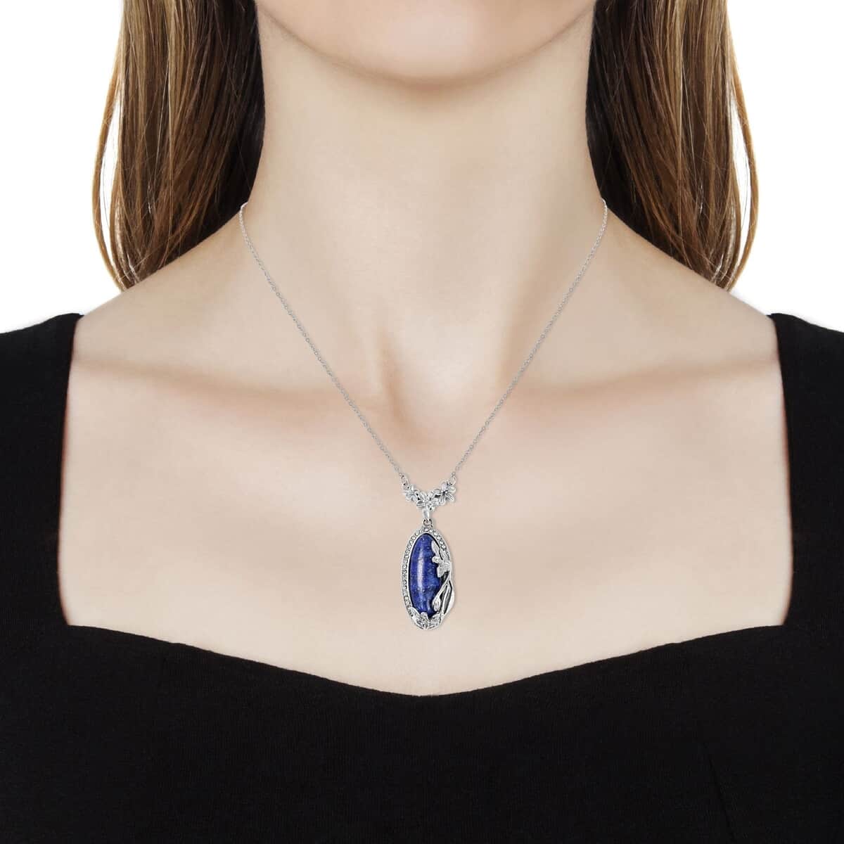 Lapis Lazuli Necklace in Stainless Steel, Austrian Crystal Necklace, Flower Jewelry For Women (20 Inches)  16.50 ctw image number 2