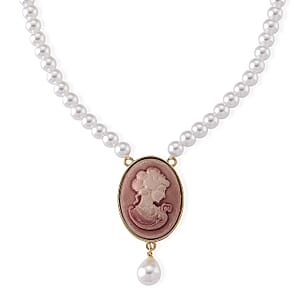 Simulated Pearl, Pink Cameo Necklace (20-23 in) in Goldtone