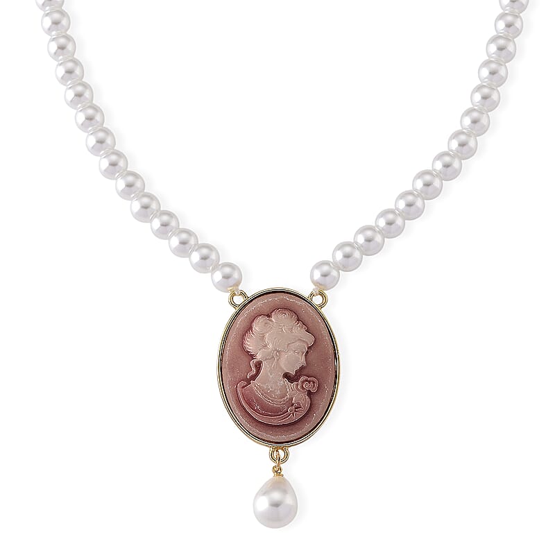 Simulated Pearl, Pink Cameo Necklace (20-23 in) in Goldtone