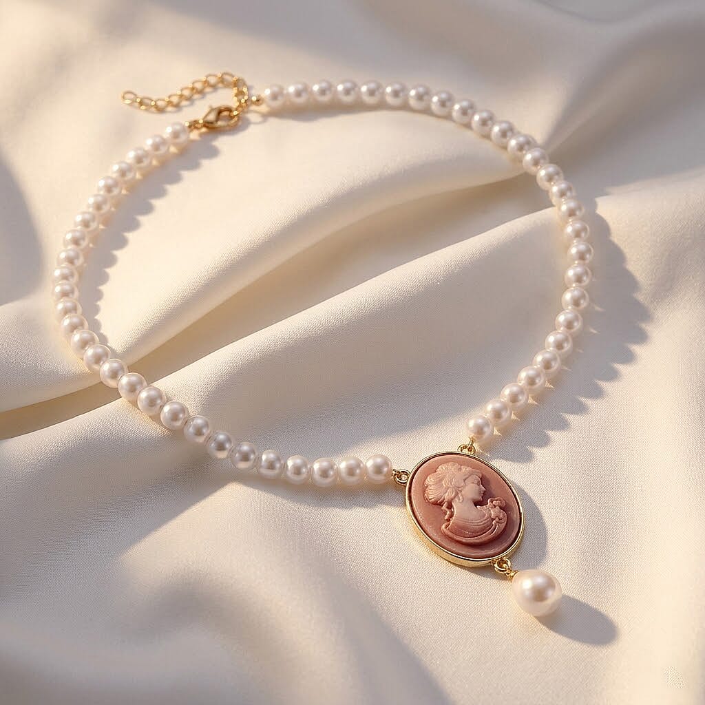 Simulated Pearl, Pink Cameo Necklace (20-23 in) in Goldtone