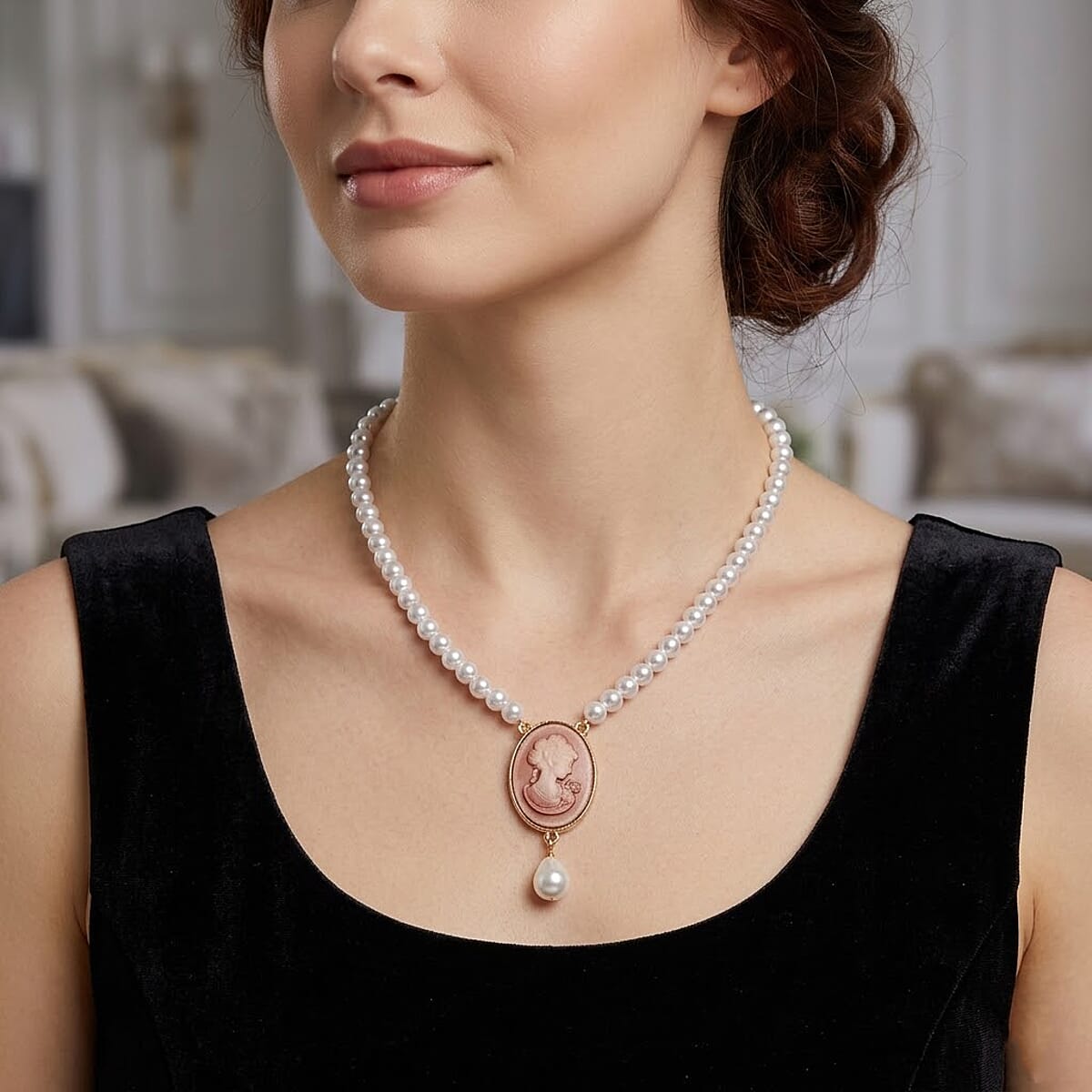 Simulated Pearl, Pink Cameo Necklace (20-23 in) in Goldtone image number 2