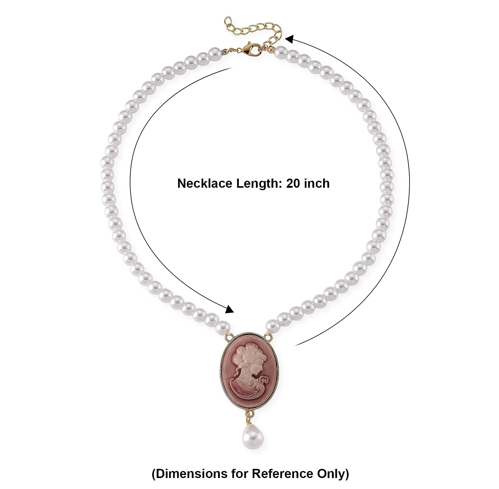 Simulated Pearl, Pink Cameo Necklace (20-23 in) in Goldtone