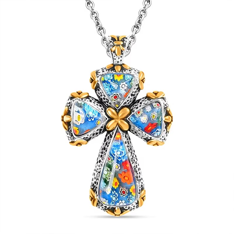 Multi Murano Style Cross Pendant Necklace For Women in ION Plated YG Stainless Steel 20 Inches