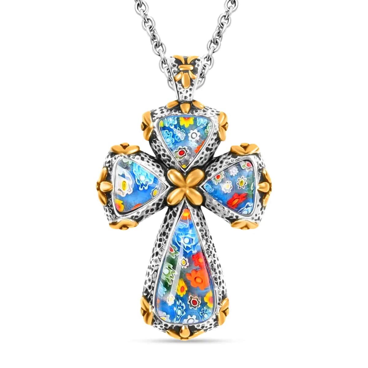 Murano Style Cross Pendant Necklace For Women in ION Plated YG Stainless Steel, Floral Millefiori Pendant Necklace, Sweatproof Hypoallergenic Necklace, Gift For Her image number 0