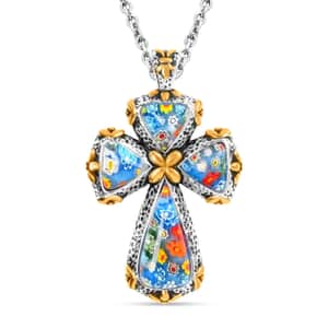 Murano Style Cross Pendant Necklace For Women in ION Plated YG Stainless Steel, Floral Millefiori Pendant Necklace, Sweatproof Hypoallergenic Necklace, Gift For Her
